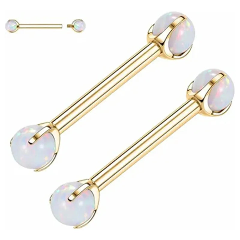 Titanium Gold Nipple Rings Barbell with White Opal