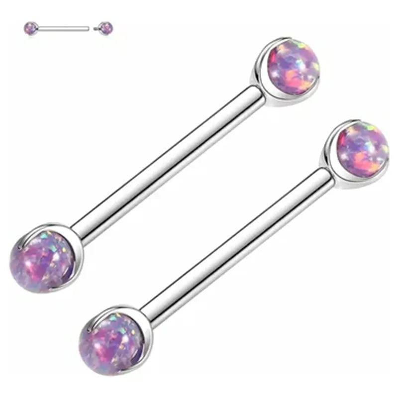 14G Purple Opal Nipple Ring Barbell Set