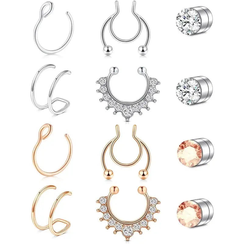 Women's fake nose ring, lip ring, earrings six styles set