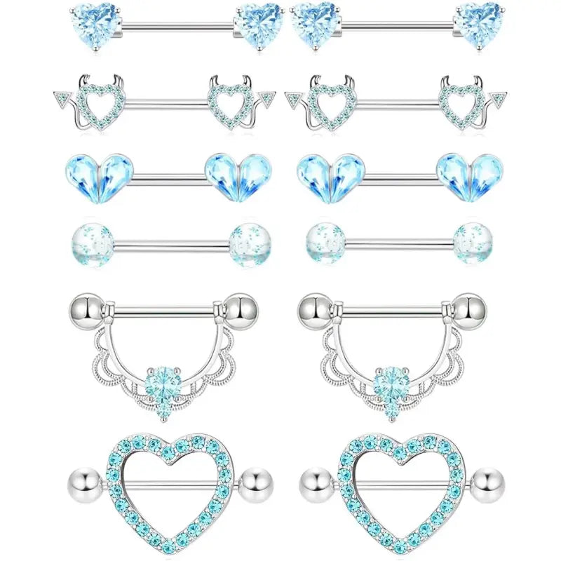 6 Pairs Nipple Rings Set – Cute CZ Hearts, Moons & Flowers