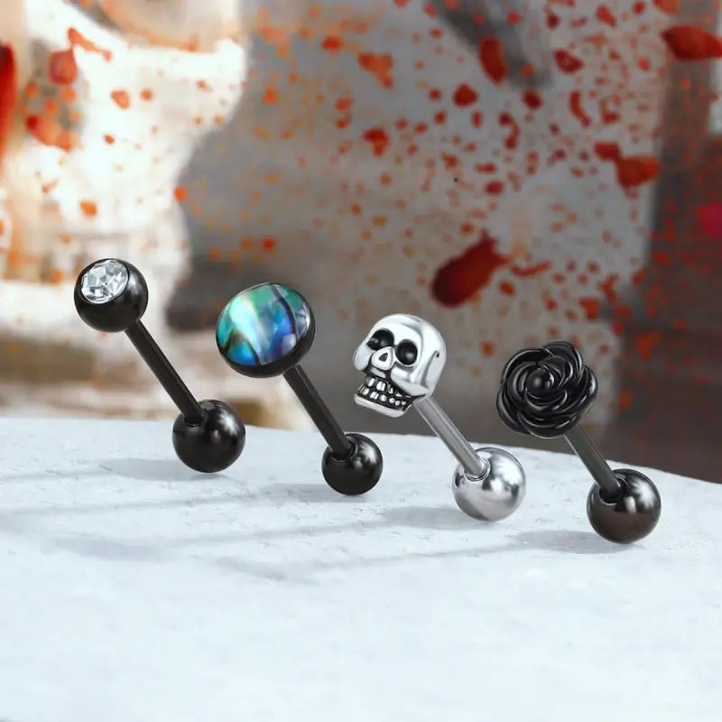 4PCS Halloween Skull & Rose Tongue Rings 14G Barbell Set