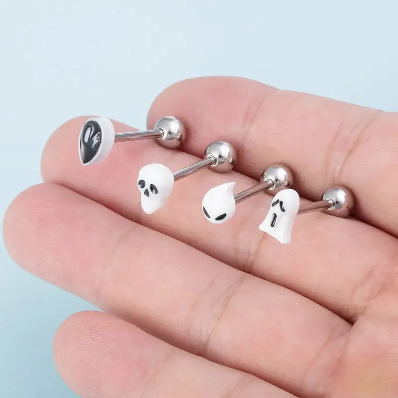 4PCS 14G Acrylic Tongue Rings – Ghost, Skull, Alien Style