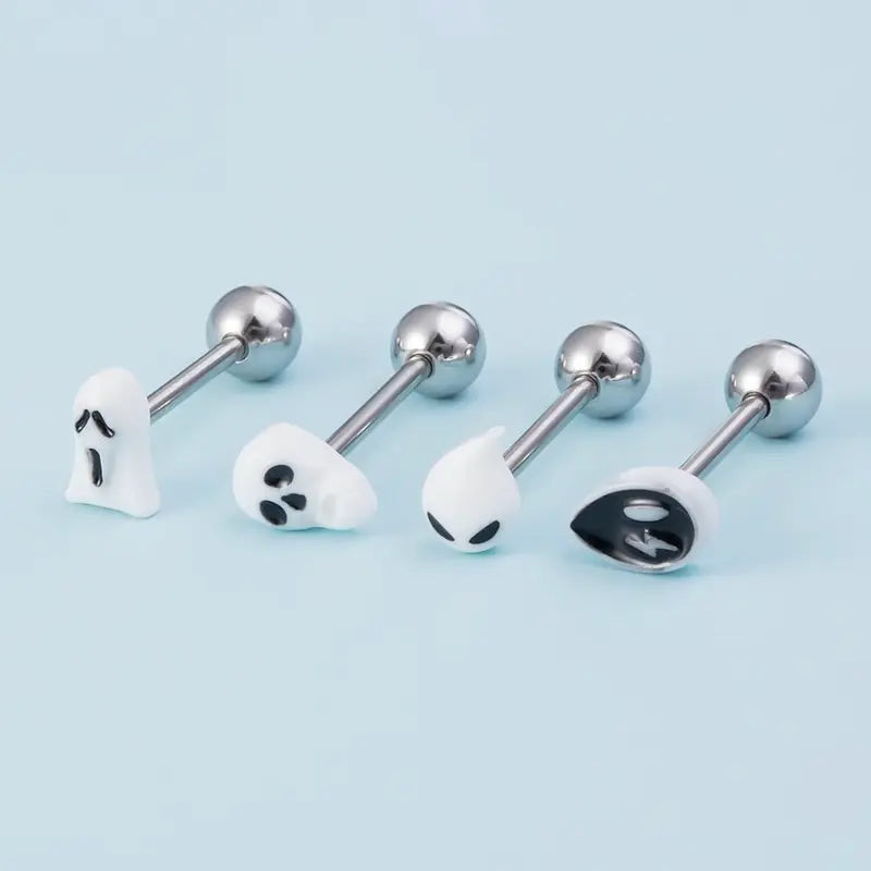 4PCS 14G Acrylic Tongue Rings – Ghost, Skull, Alien Style