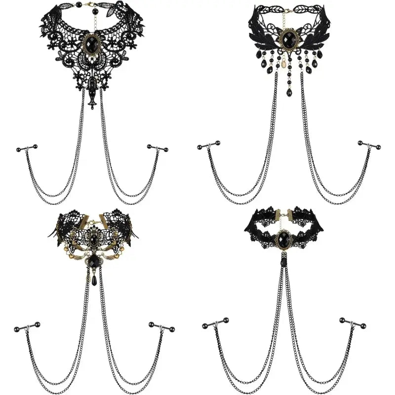 Lace-Inspired Nipple Rings & Chain Set – 4Pcs 14G