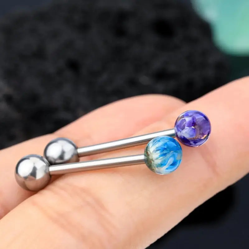 2 pcs 14G titanium tongue rings with colored pebbles on top