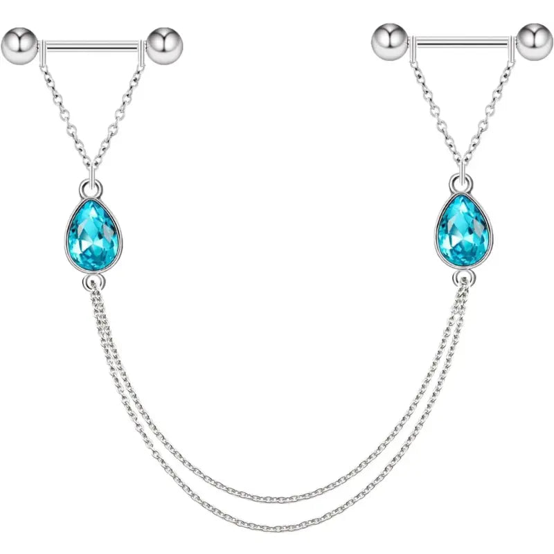14G Nipple Chains with Crystals – Surgical Steel Barbells