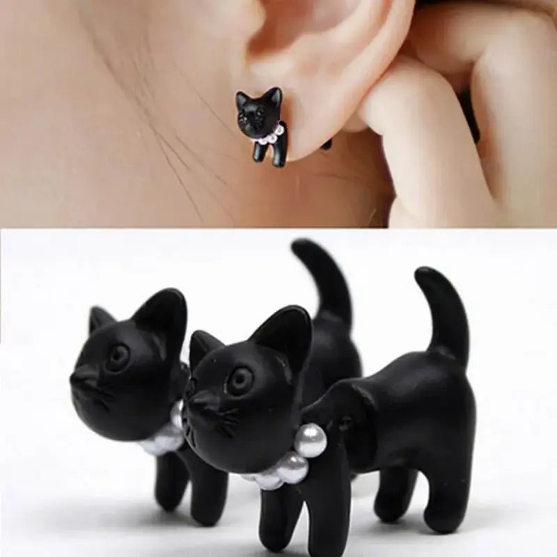 Vintage Black Cat Piercing Earrings with Pearl Back Charm