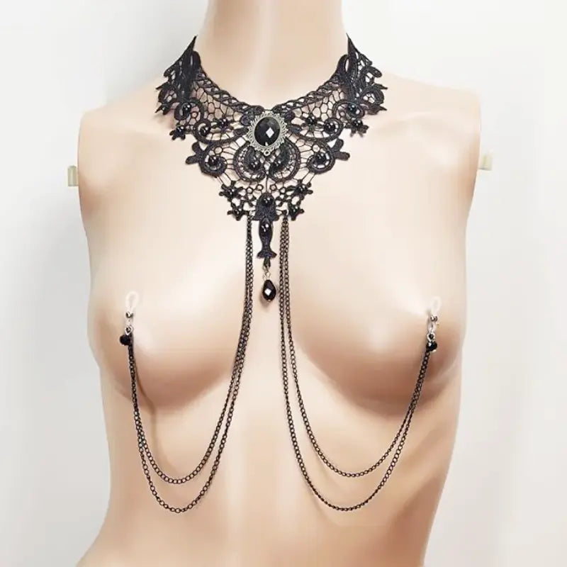 Sexy Fake Nipple Rings & Lace Choker Body Chain Set