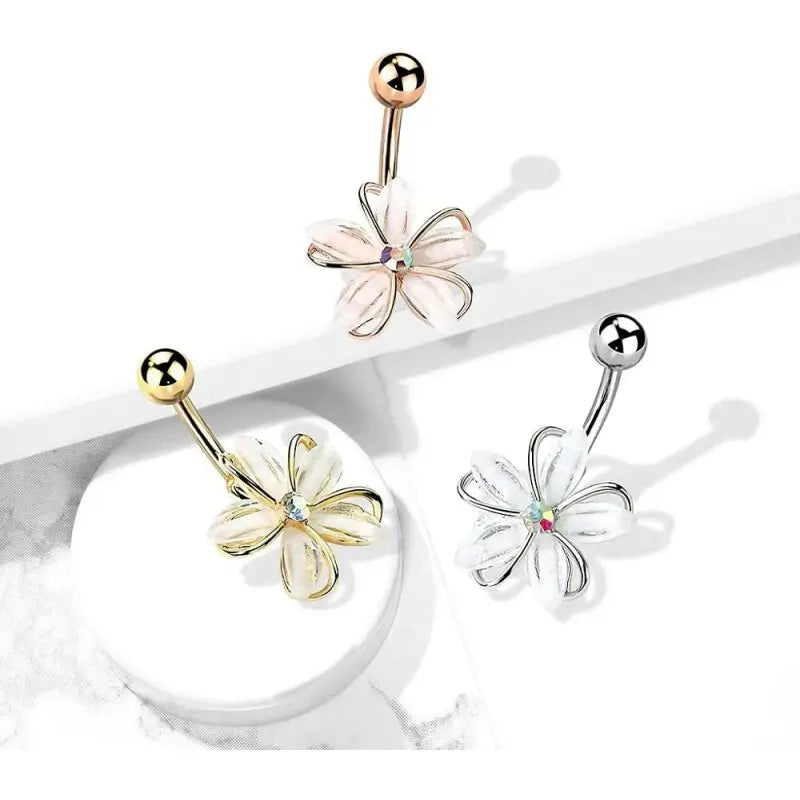 Cute Belly Button Ring - 14G CZ Crystal Flower Piercer
