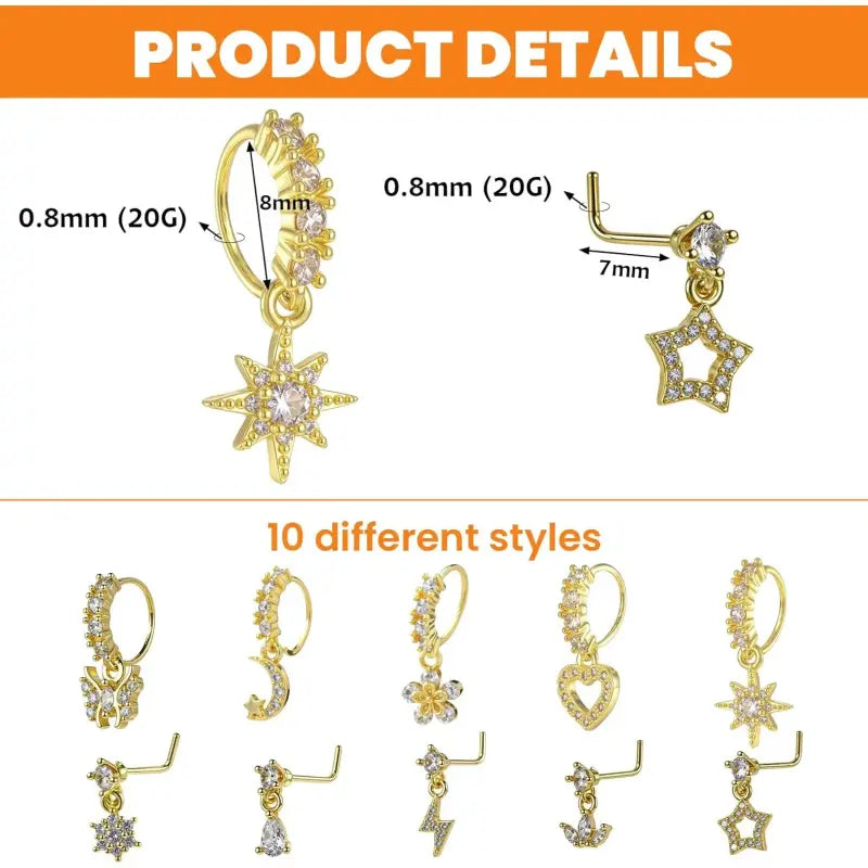 10 Pcs 20G CZ Dangle Nose Rings – L-Shaped Hoop Studs