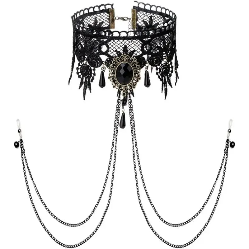 Sexy Fake Nipple Rings & Lace Choker Body Chain Set