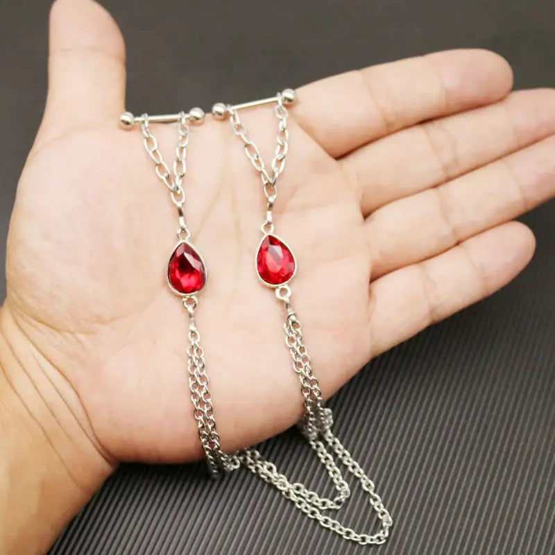 14G Nipple Chains with Crystals – Surgical Steel Barbells