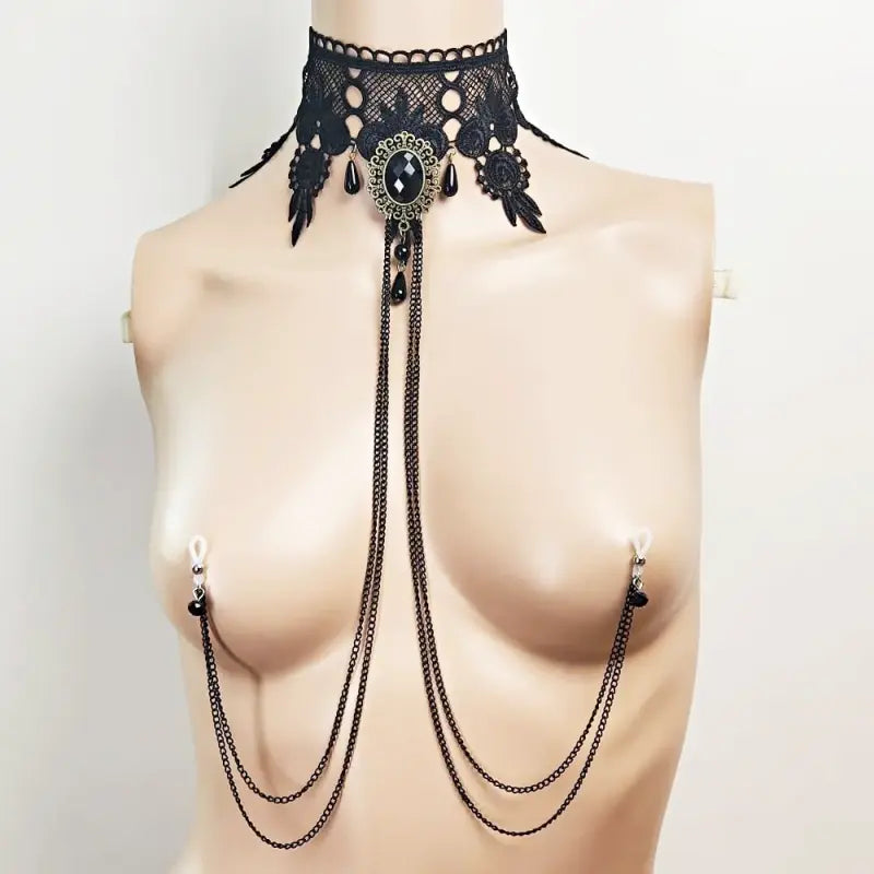 Sexy Fake Nipple Rings & Lace Choker Body Chain Set
