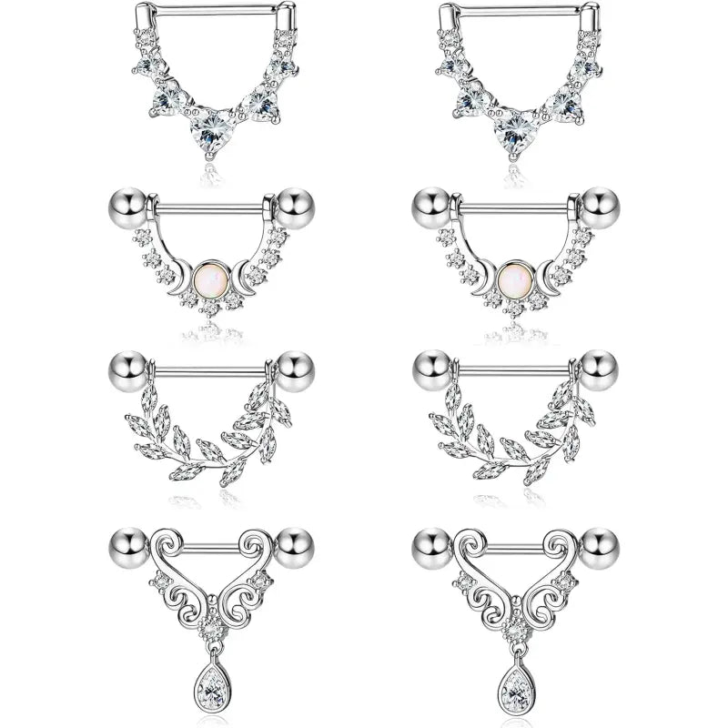 4 Ps Nipple Rings Set – Heart, Moon, Leaf & CZ Designs