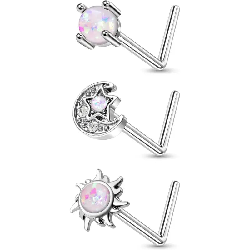 3PS 316L Stainless Steel Moon & Sun L-Shaped Nose Studs