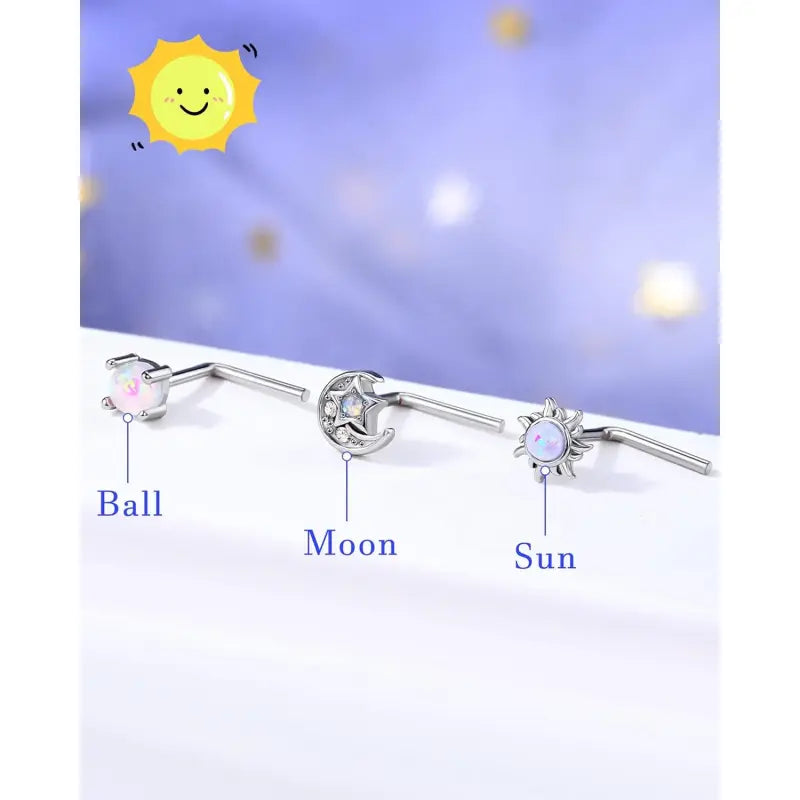 3PS 316L Stainless Steel Moon & Sun L-Shaped Nose Studs