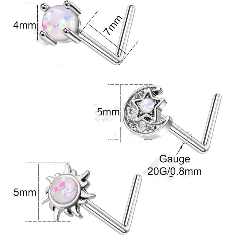 3PS 316L Stainless Steel Moon & Sun L-Shaped Nose Studs
