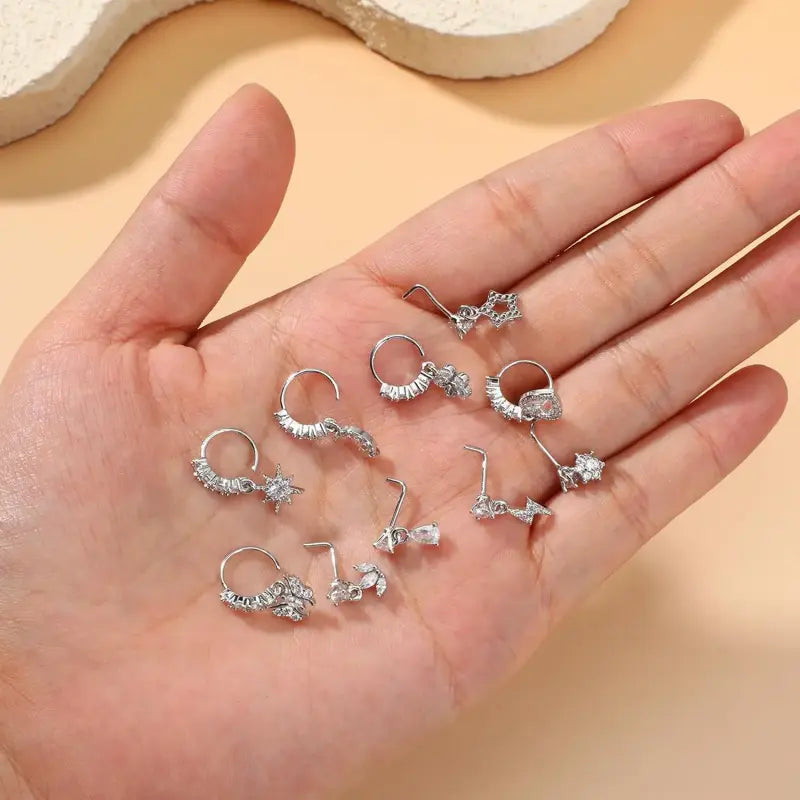 10 Pcs 20G CZ Dangle Nose Rings – L-Shaped Hoop Studs