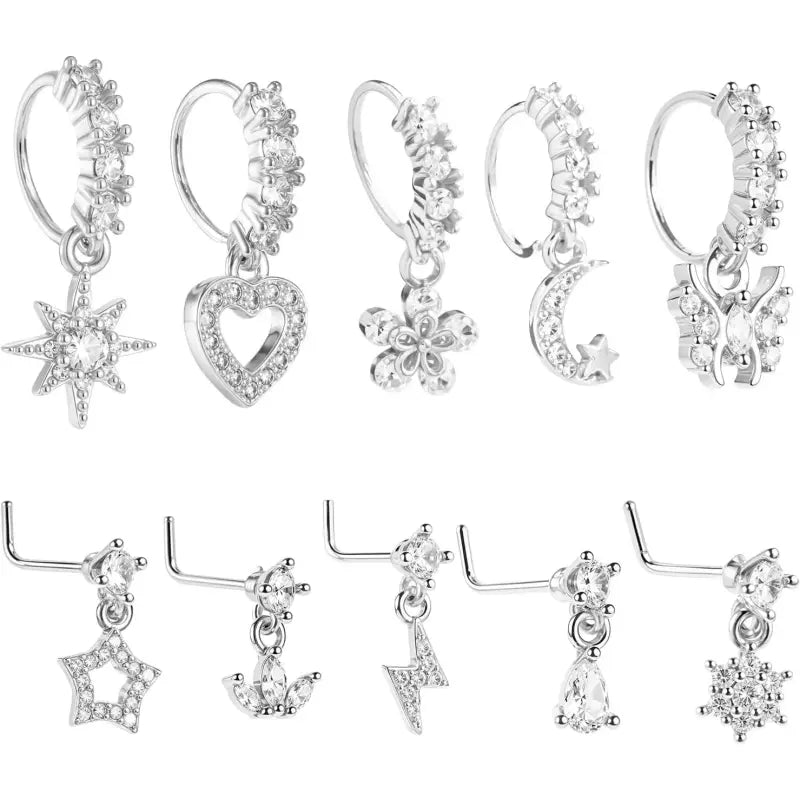 10 Pcs 20G CZ Dangle Nose Rings – L-Shaped Hoop Studs