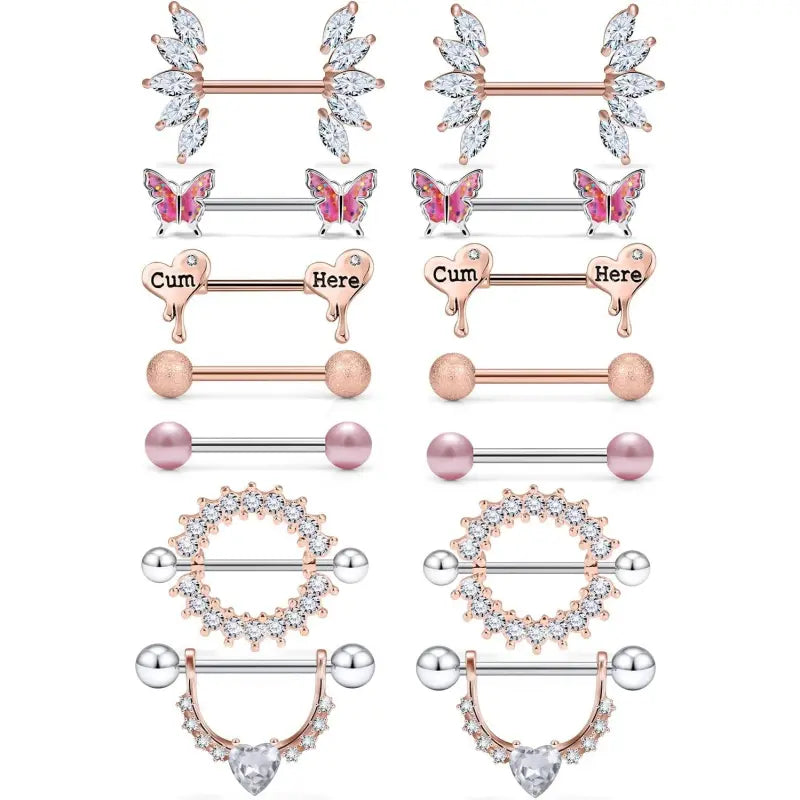 Butterfly Nipple Rings Set – 14G Steel Jewelry 7 Pairs