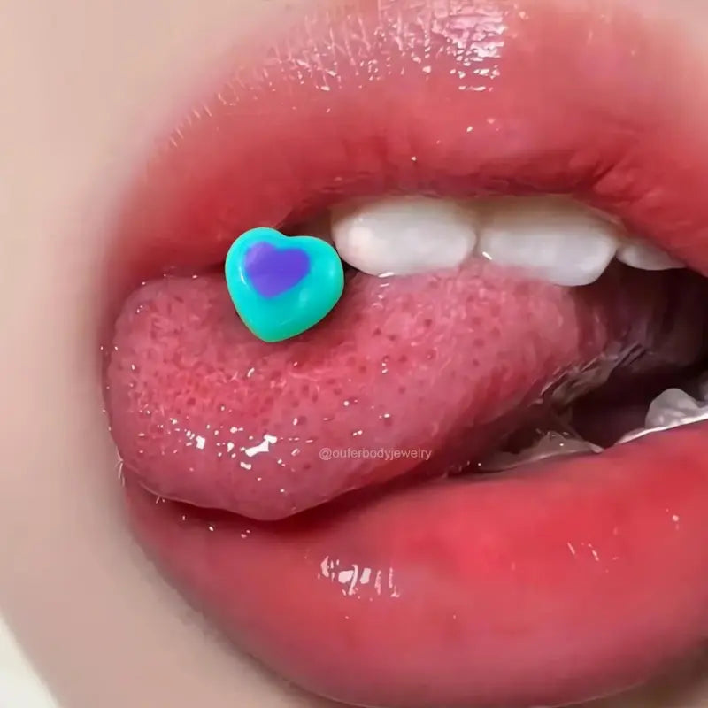 4Pcs 14G Heart Tongue Rings – Rainbow Acrylic Tops