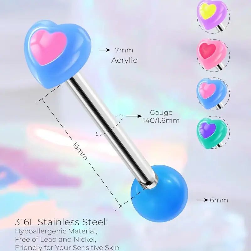 4Pcs 14G Heart Tongue Rings – Rainbow Acrylic Tops