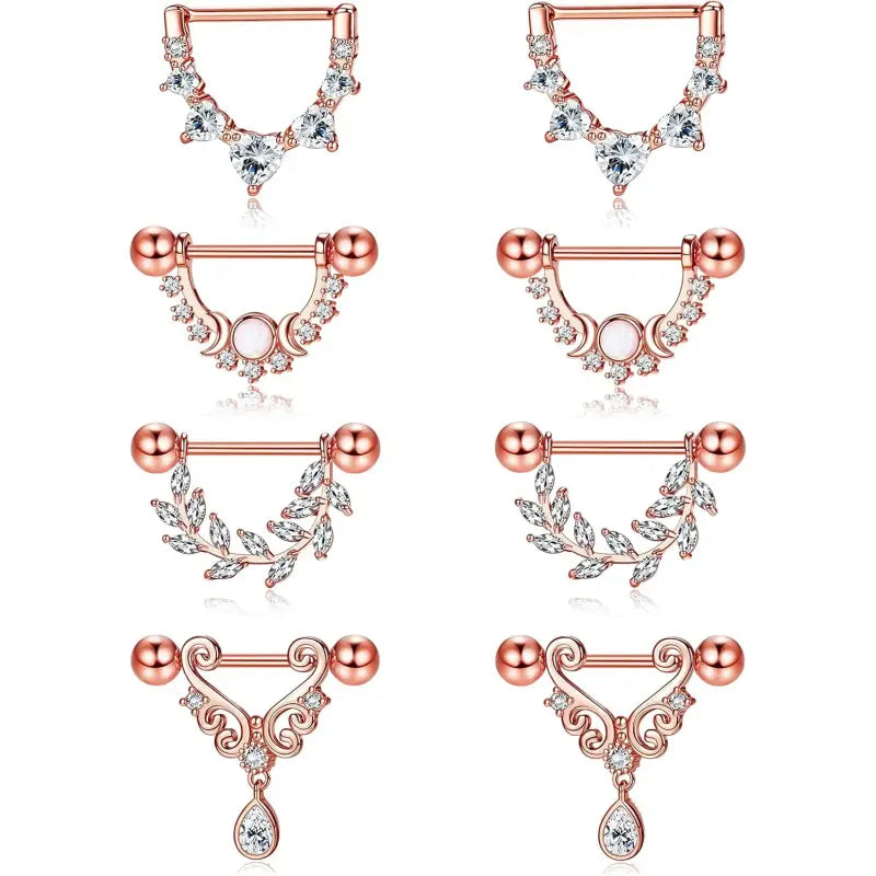 4 Ps Nipple Rings Set – Heart, Moon, Leaf & CZ Designs