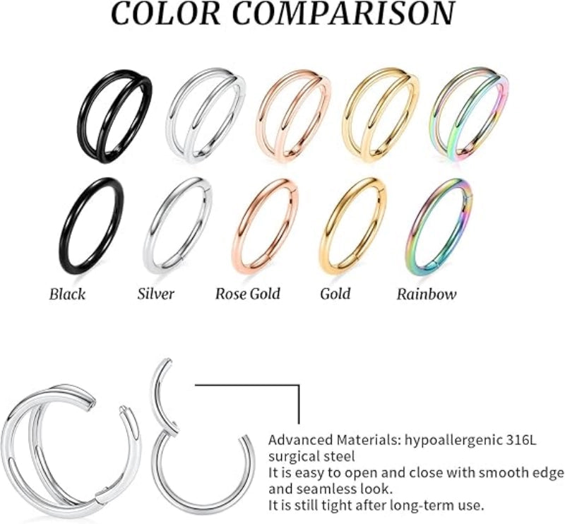 2 Pcs Black Single&Double Hoop Nose Rings