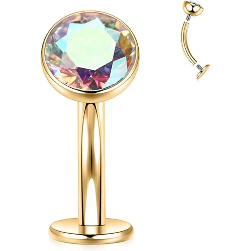 G23 Round Flat Bottom Belly Button Nail 1.6*8*5 Gold White AB Zircon