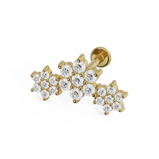 14K Gold Diamond Triple Flower Flat Back Stud