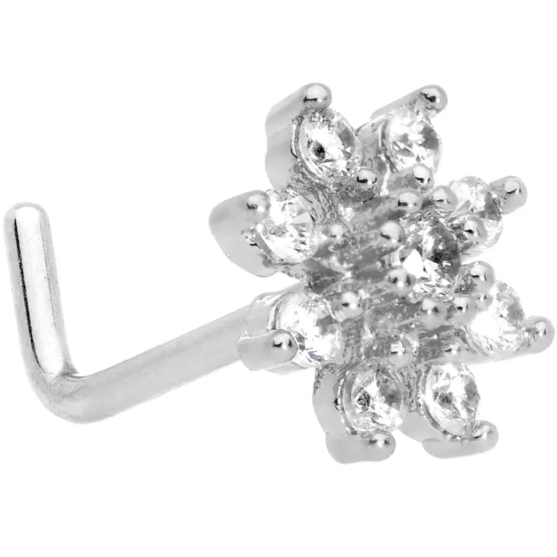 20G 1/4 Clear CZ Gem Flower Stainless Steel L-Shaped Nose Stud