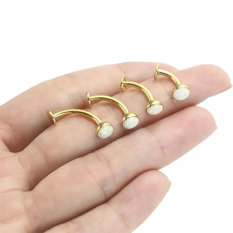 G23 Round Flat Bottom Belly Button Nail 1.6*8*5 Gold White Opal