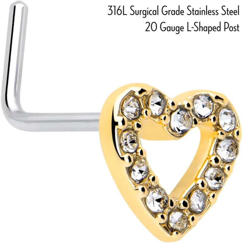 20G 7mm Clear Gem Hollow Heart Paved Stainless Steel L-Shaped Nose Stud