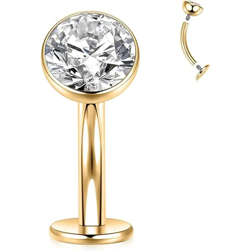 G23 Round Flat Bottom Belly Button Nail 1.6*14*5 Gold White Zircon