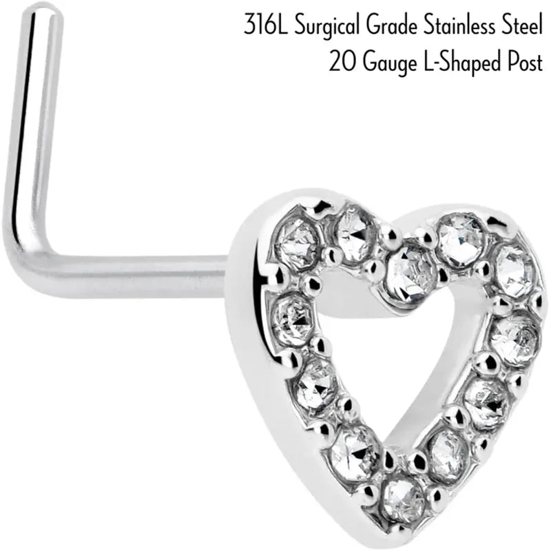 20G 7mm Clear Gem Paved Heart Stainless Steel L-Shaped Nose Stud