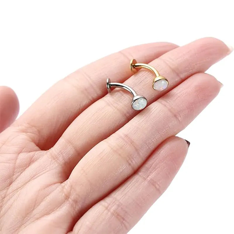 G23 Round Flat Bottom Belly Button Nail 1.6*8*5 Gold White Opal