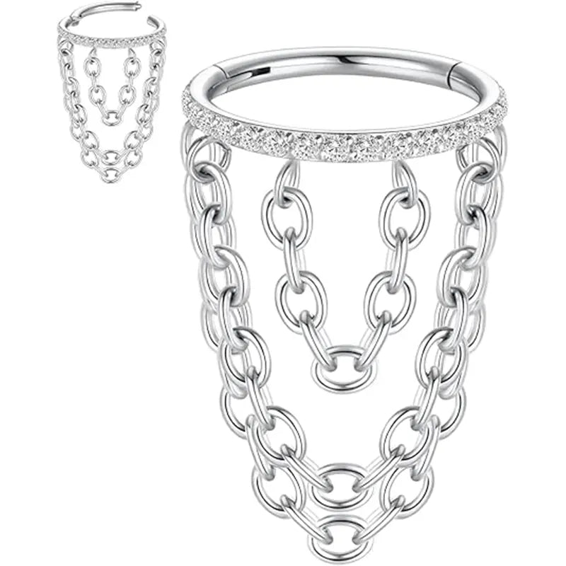 316L Silver White Zirconia Open Ring Triple Chain 1.2*8