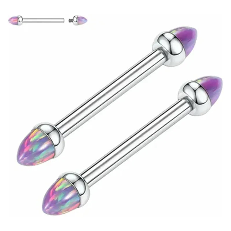 A pair of titanium nipple ring barbells with purple opal