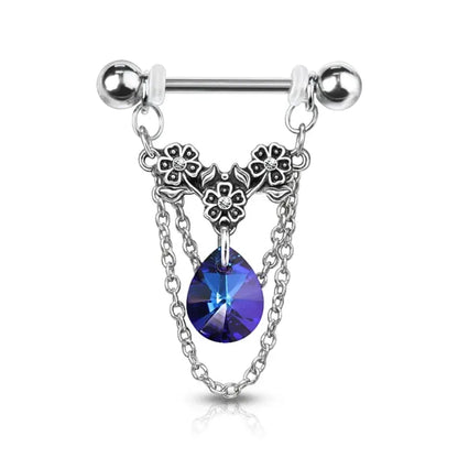 Triple Flower and Pear Crystal Dangle Nipple Ring