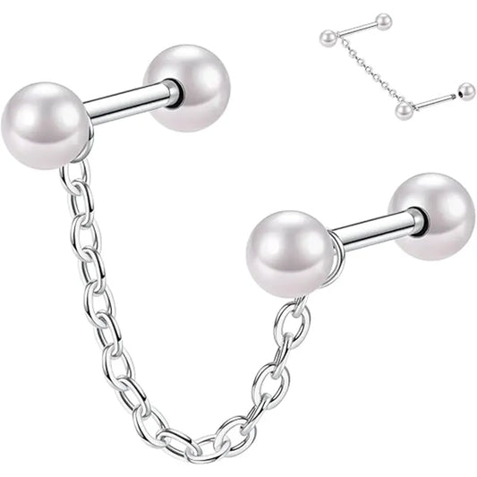 316L Cartilage Nail Single Chain Double Rod 1.2*6*4*4 Silver White Pearl