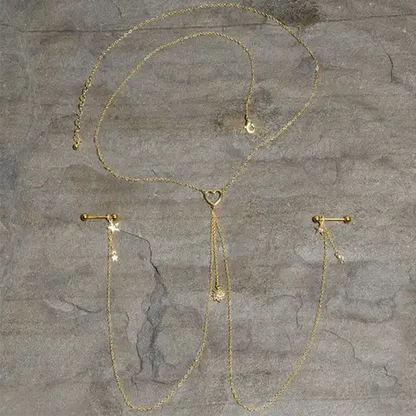 14G Gold Nipple Chain with Aurora Gem Sun Heart Star Charms
