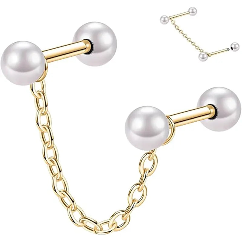 316L Cartilage Nail Single Chain Double Rod 1.2*8*4*4 Golden White Pearl