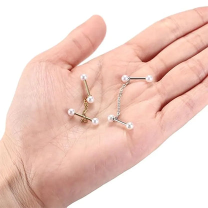 316L Cartilage Nail Single Chain Double Rod 1.2*6*4*4 Silver White Pearl