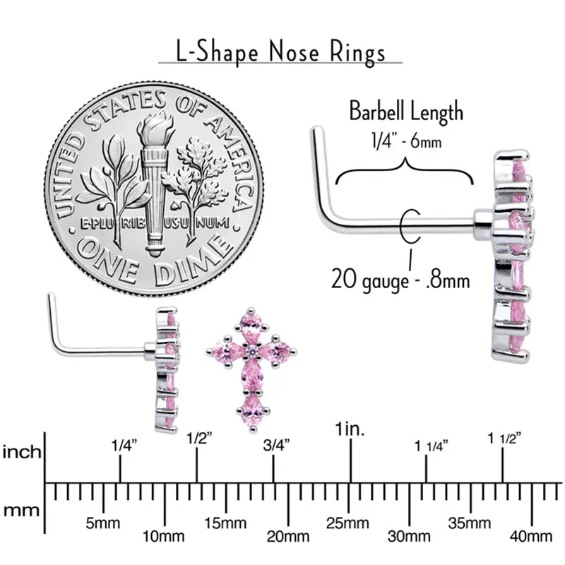 20G 7mm Pink CZ Cross Charm Stainless Steel L-Shaped Nose Stud