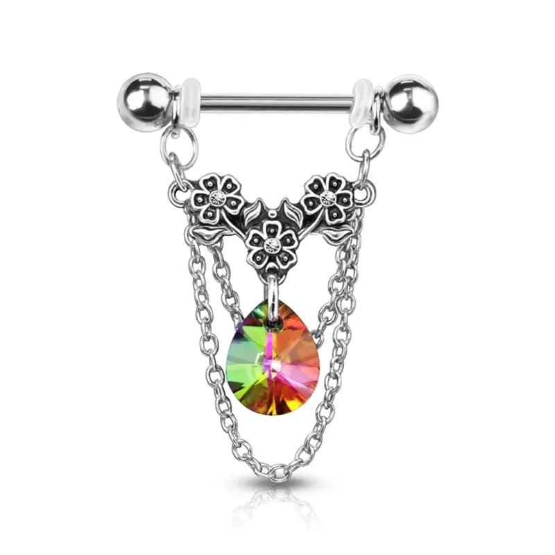 Triple Flower and Pear Crystal Dangle Nipple Ring