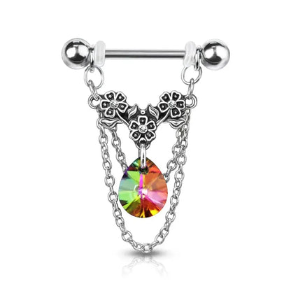 Triple Flower and Pear Crystal Dangle Nipple Ring