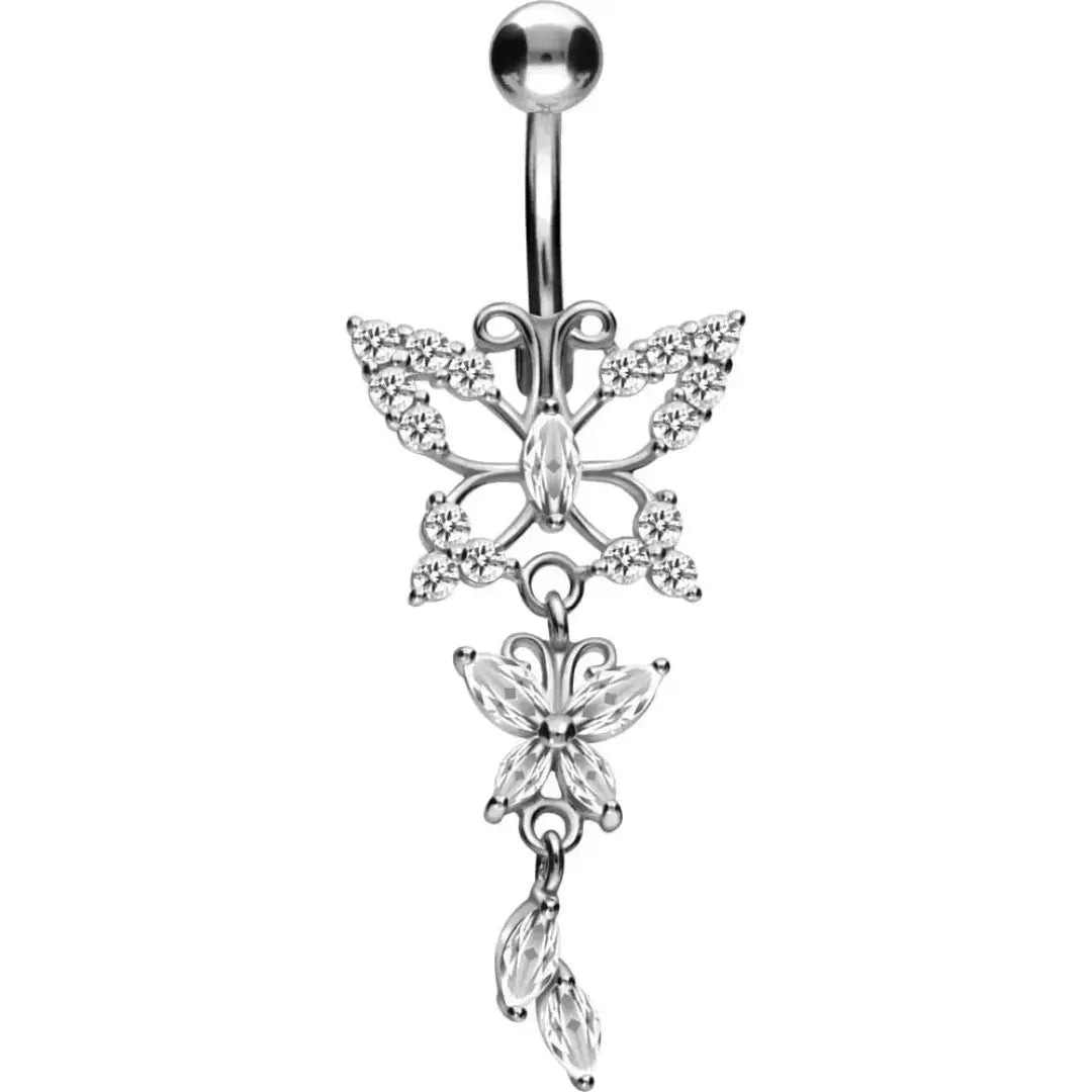 Titanium belly button ring with two diamond butterflies 7