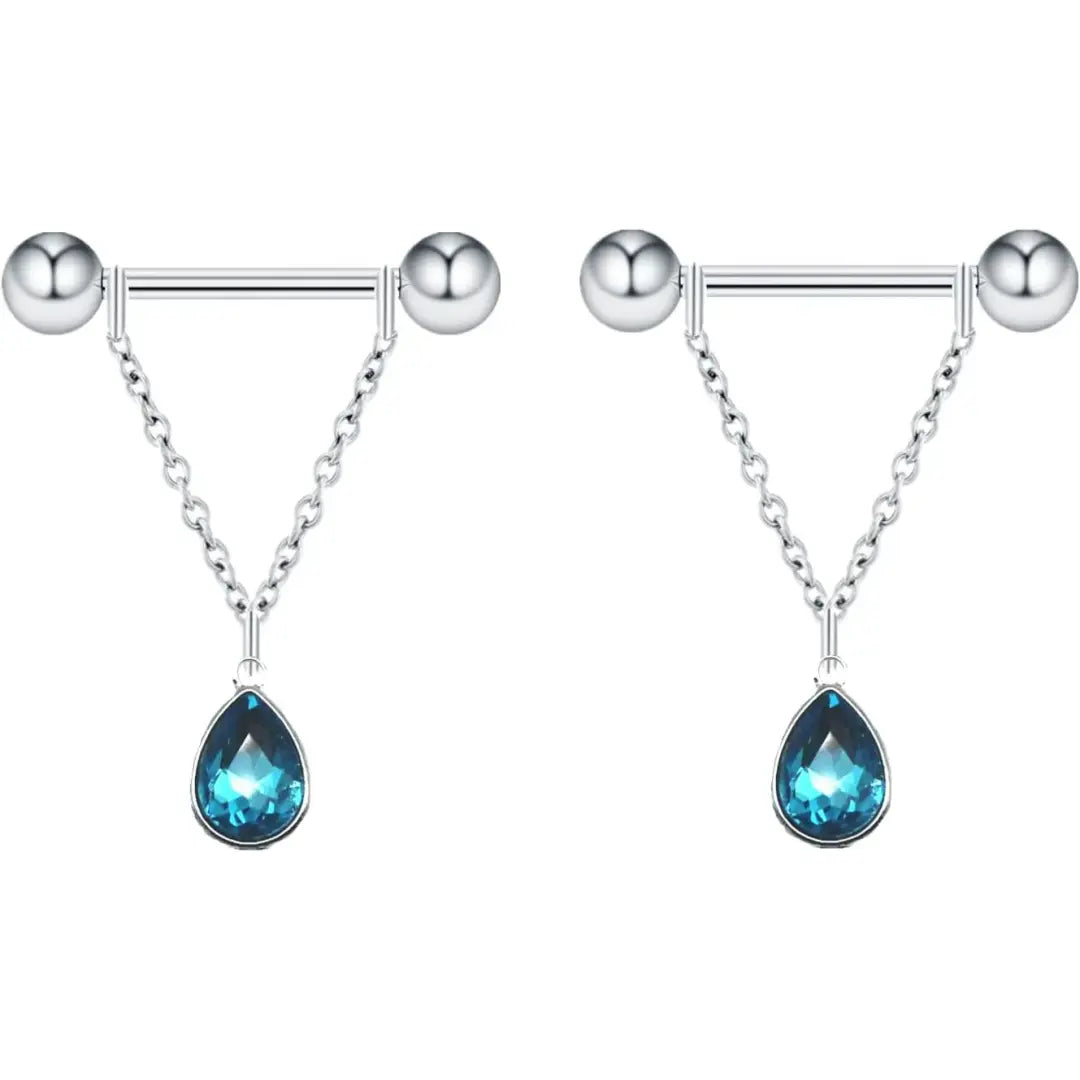 Dangle Nipple Rings with Blue Gemstone Pendant 1