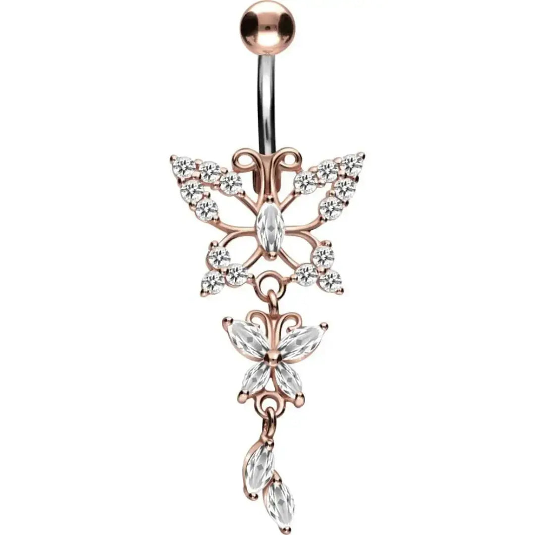 Titanium belly button ring with two diamond butterflies 1
