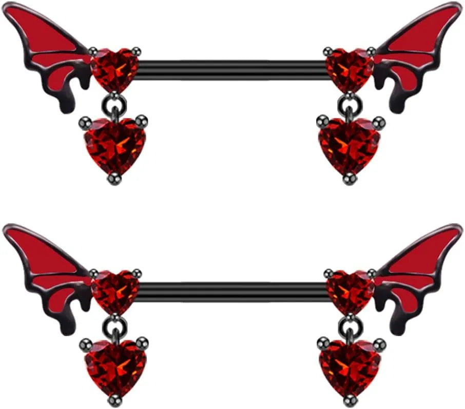 Red butterfly with gemstone pendant dangle nipple ring